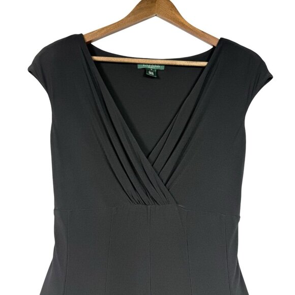 Lauren Ralph Lauren Black Faux Wrap V-Neck Dress Size 12 Stretch Classic - Picture 3 of 7